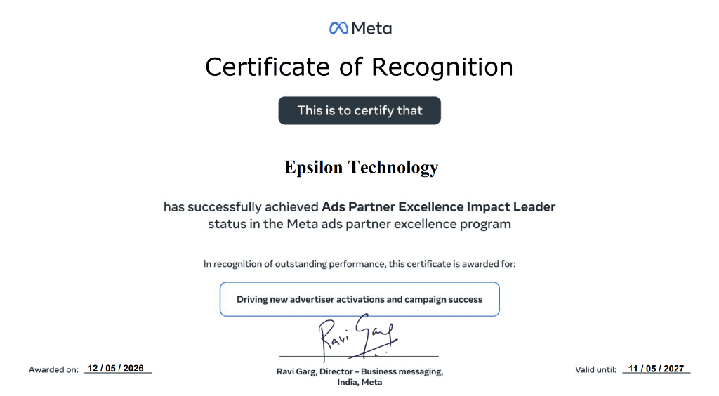 Meta Ads Partner Excellence Impact Leader Certificate - Epsilon Technology